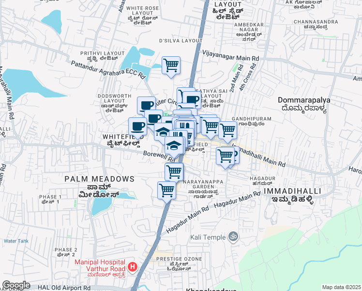 map of restaurants, bars, coffee shops, grocery stores, and more near 78 Whitefield Main Road in Bengaluru