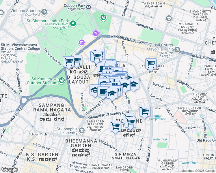 map of restaurants, bars, coffee shops, grocery stores, and more near Saint Mark's Road in Bengaluru