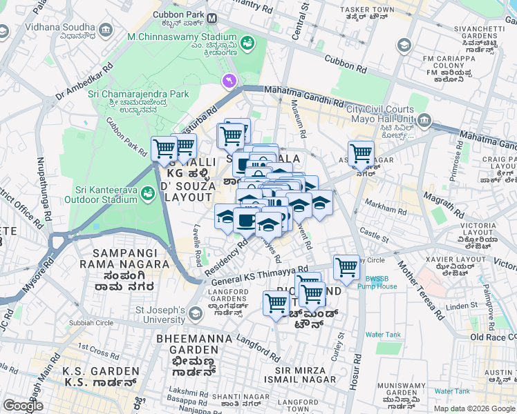 map of restaurants, bars, coffee shops, grocery stores, and more near Saint Mark's Road in Bengaluru