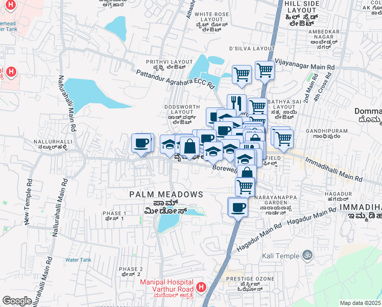 map of restaurants, bars, coffee shops, grocery stores, and more near 78 Whitefield Main Road in Bengaluru