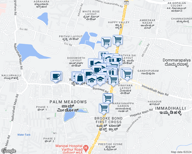 map of restaurants, bars, coffee shops, grocery stores, and more near Outer Circle in Bengaluru