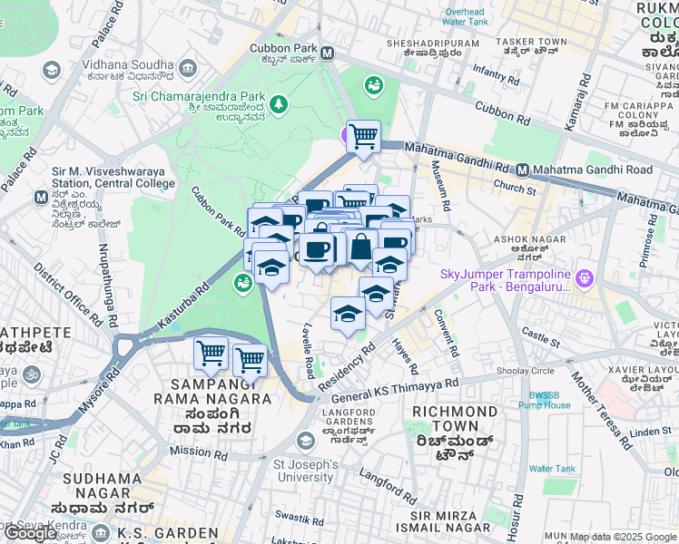 map of restaurants, bars, coffee shops, grocery stores, and more near Vittal Mallya Road in Bengaluru