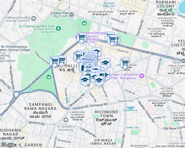 map of restaurants, bars, coffee shops, grocery stores, and more near Saint Mark's Road in Bengaluru