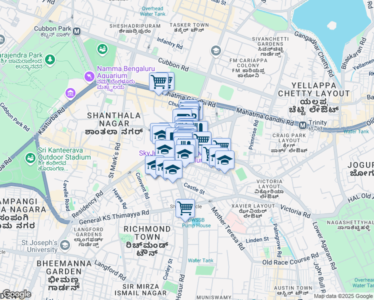 map of restaurants, bars, coffee shops, grocery stores, and more near Brigade Road in Bengaluru