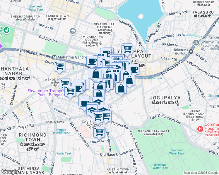 map of restaurants, bars, coffee shops, grocery stores, and more near Brunton Road in Bengaluru