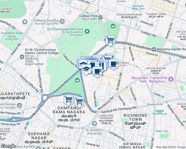 map of restaurants, bars, coffee shops, grocery stores, and more near Vittal Mallya Road in Bengaluru