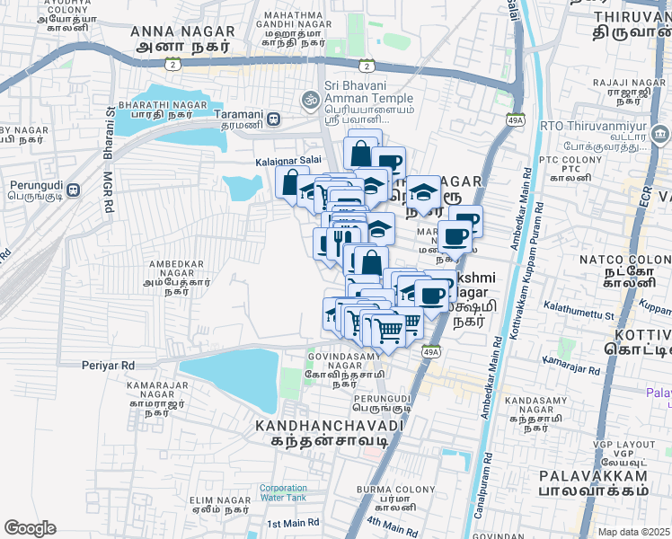 map of restaurants, bars, coffee shops, grocery stores, and more near 143 MGR Main Road in Chennai