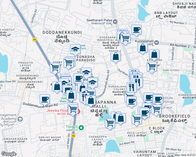 map of restaurants, bars, coffee shops, grocery stores, and more near 49 10th Cross Road in Bengaluru