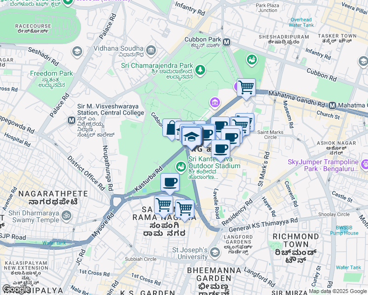 map of restaurants, bars, coffee shops, grocery stores, and more near Kasturba Road in Bengaluru