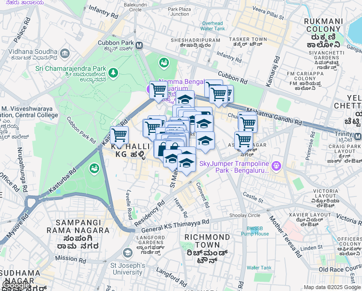map of restaurants, bars, coffee shops, grocery stores, and more near Saint Mark's Road in Bengaluru