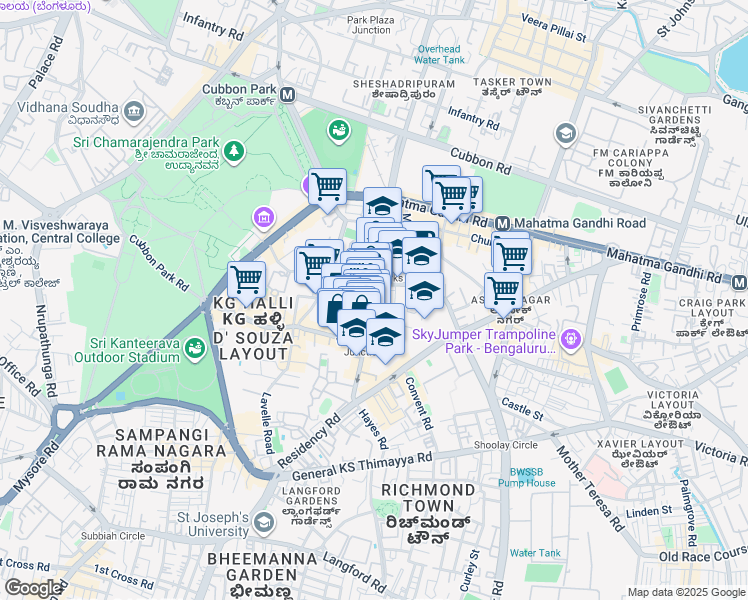 map of restaurants, bars, coffee shops, grocery stores, and more near Saint Mark's Road in Bengaluru