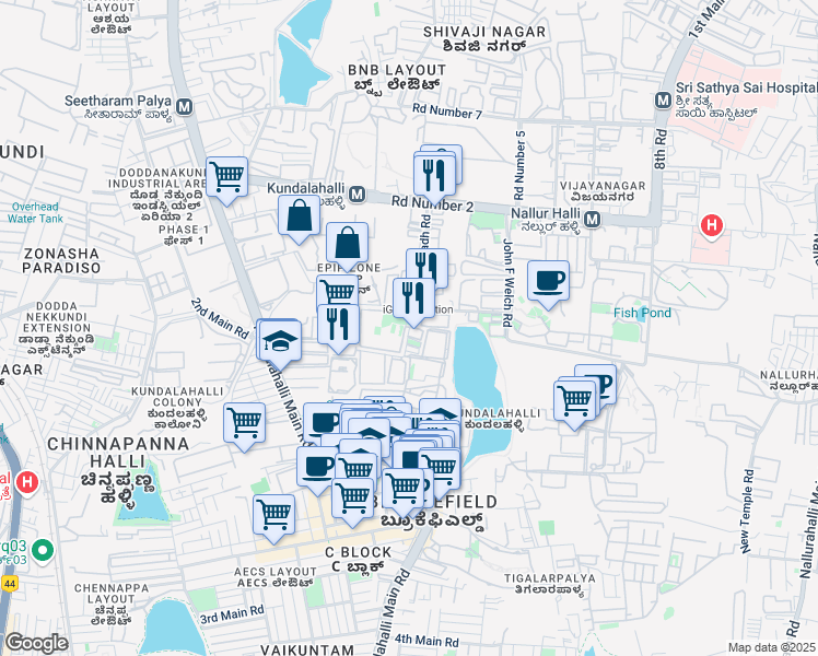 map of restaurants, bars, coffee shops, grocery stores, and more near EPIP Zone Whitefield Road in Bengaluru