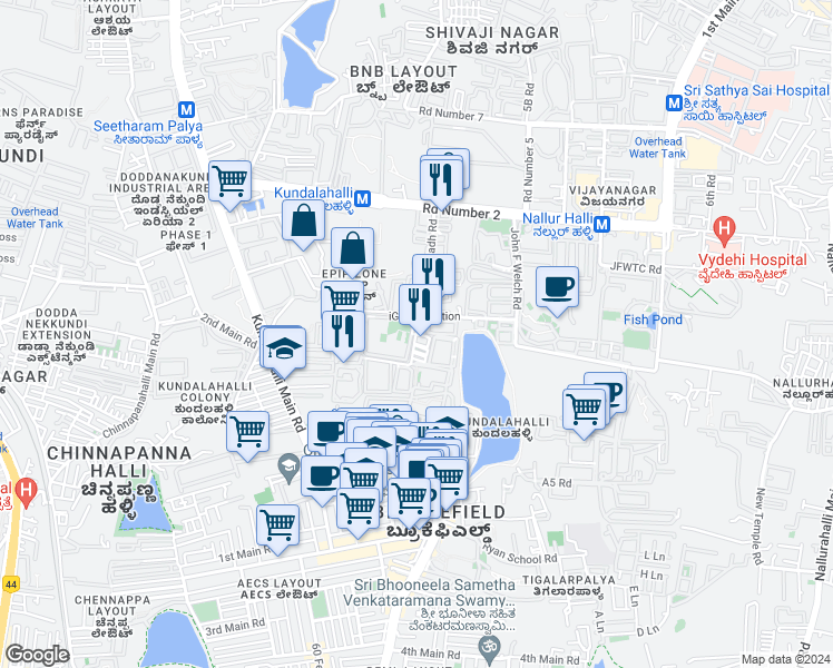 map of restaurants, bars, coffee shops, grocery stores, and more near EPIP Zone Whitefield Road in Bengaluru