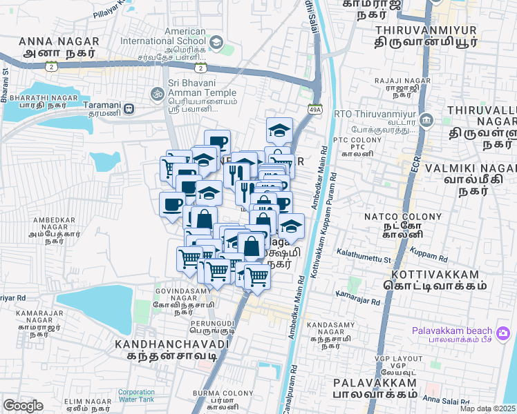 map of restaurants, bars, coffee shops, grocery stores, and more near 23 Nehru Nagar 2nd Main Road in Chennai