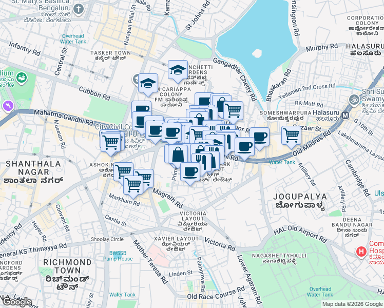 map of restaurants, bars, coffee shops, grocery stores, and more near 26/27 Mahatma Gandhi Road in Bengaluru