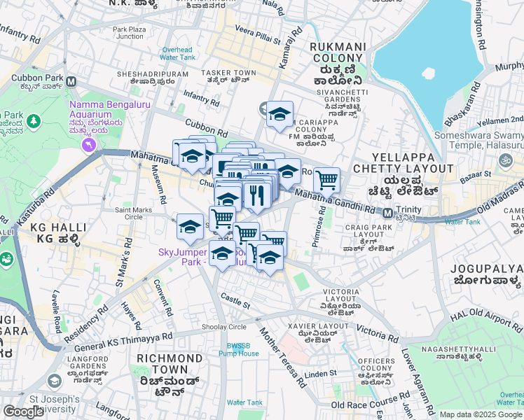 map of restaurants, bars, coffee shops, grocery stores, and more near 44-1 Residency Road in Bengaluru