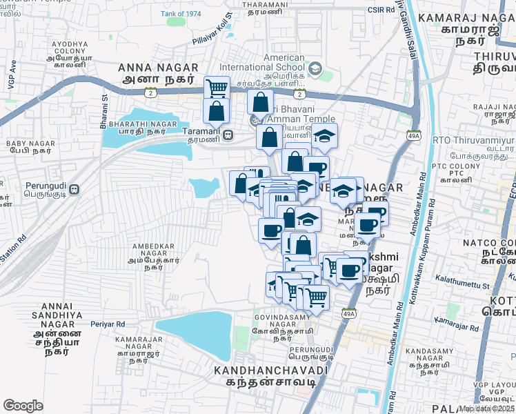map of restaurants, bars, coffee shops, grocery stores, and more near 143 MGR Main Road in Chennai