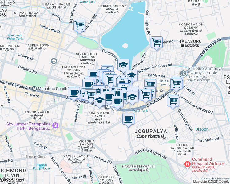 map of restaurants, bars, coffee shops, grocery stores, and more near Halasuru Road in Bengaluru