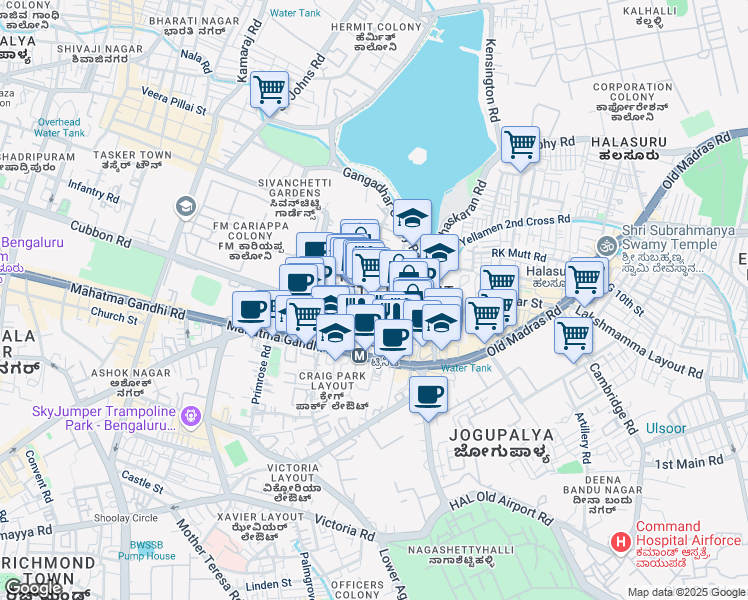 map of restaurants, bars, coffee shops, grocery stores, and more near Ulsoor Road in Bengaluru