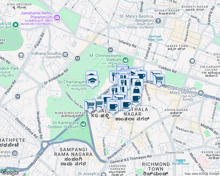 map of restaurants, bars, coffee shops, grocery stores, and more near Kasturba Road in Bengaluru