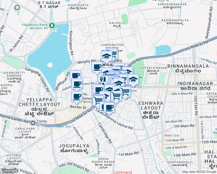 map of restaurants, bars, coffee shops, grocery stores, and more near 3 Old Madras Road in Bengaluru