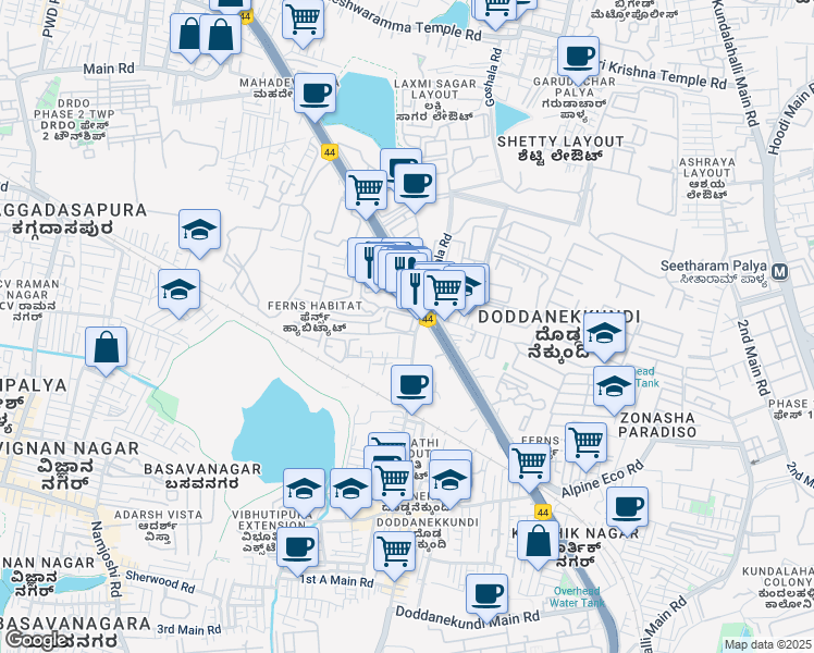 map of restaurants, bars, coffee shops, grocery stores, and more near 2 Marathahalli Outer Ring Road in Bengaluru