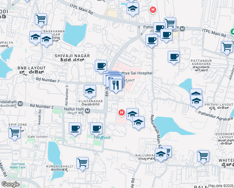 map of restaurants, bars, coffee shops, grocery stores, and more near 75 8th Road in Bengaluru