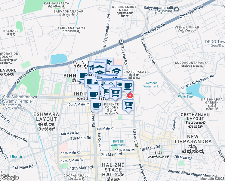 map of restaurants, bars, coffee shops, grocery stores, and more near Shri Krishna Temple Road in Bengaluru