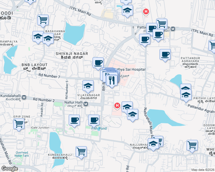 map of restaurants, bars, coffee shops, grocery stores, and more near 75 8th Road in Bengaluru