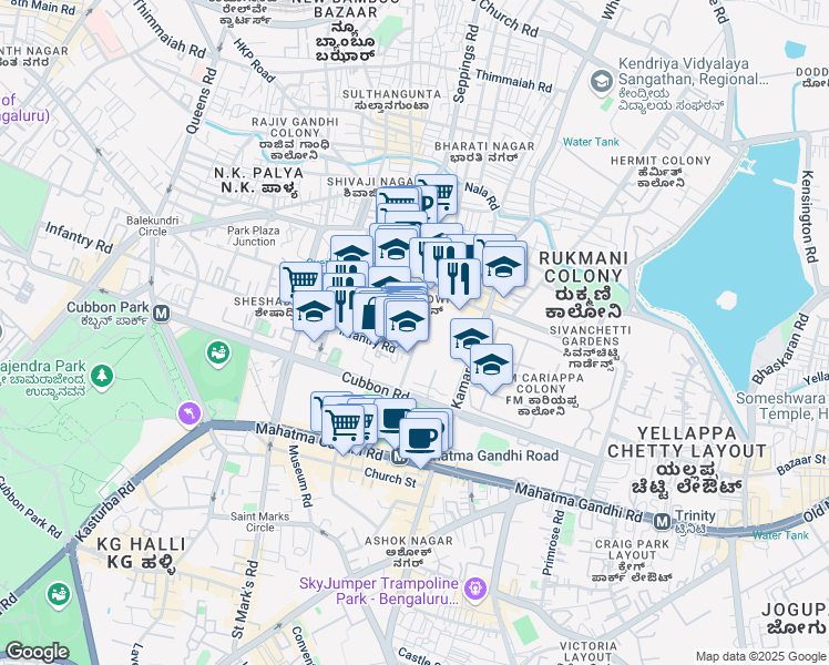 map of restaurants, bars, coffee shops, grocery stores, and more near No. 1 Main Guard Cross Road in Bengaluru