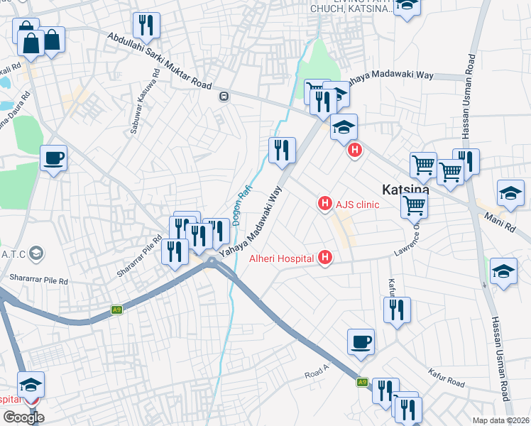 map of restaurants, bars, coffee shops, grocery stores, and more near Yahaya Madawaki Way in Katsina