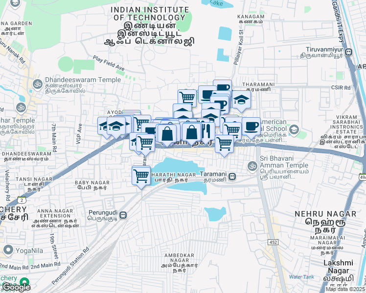 map of restaurants, bars, coffee shops, grocery stores, and more near Taramani Link Road in Chennai