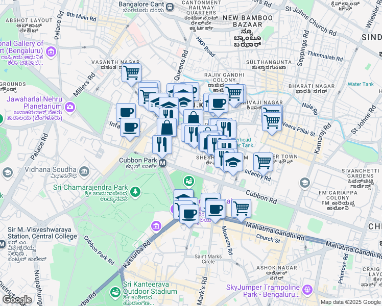 map of restaurants, bars, coffee shops, grocery stores, and more near Infantry Road in Bengaluru