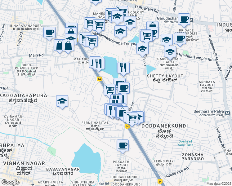 map of restaurants, bars, coffee shops, grocery stores, and more near 2 Goshala Road in Bengaluru