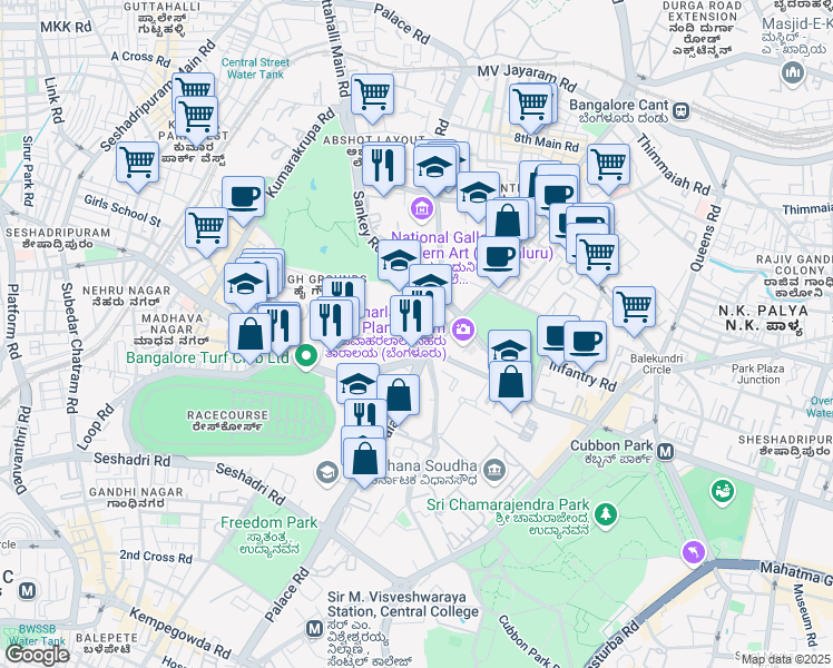 map of restaurants, bars, coffee shops, grocery stores, and more near 45/1 Palace Road in Bengaluru