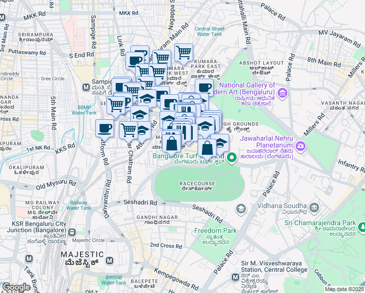 map of restaurants, bars, coffee shops, grocery stores, and more near 19/2 Kumarakrupa Road in Bengaluru