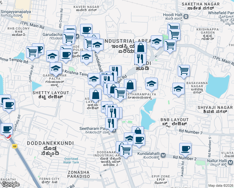 map of restaurants, bars, coffee shops, grocery stores, and more near Seetharampalya - Hoodi Road in Bengaluru