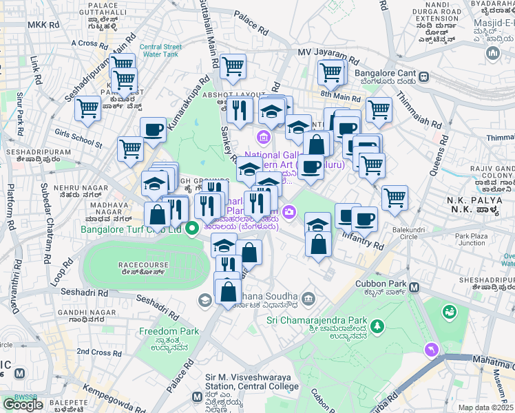 map of restaurants, bars, coffee shops, grocery stores, and more near 45/1 Palace Road in Bengaluru