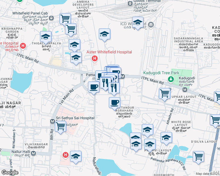 map of restaurants, bars, coffee shops, grocery stores, and more near Whitefield Rd in Bangalore