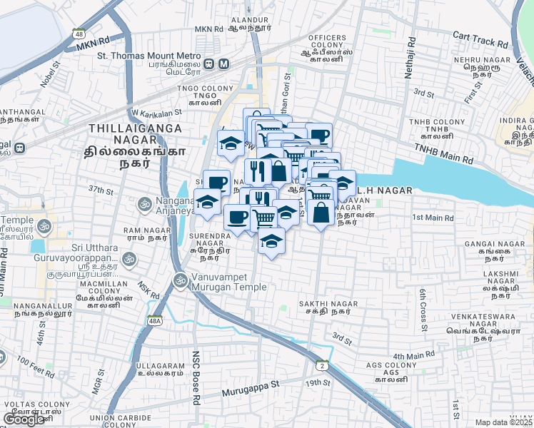 map of restaurants, bars, coffee shops, grocery stores, and more near 44 New Colony 2nd Extension Street in Chennai