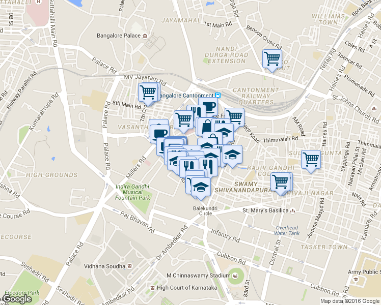 map of restaurants, bars, coffee shops, grocery stores, and more near Cunningham Crescent Road in Bengaluru