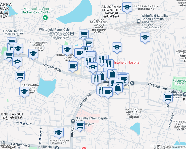 map of restaurants, bars, coffee shops, grocery stores, and more near 16 Whitefield Main Road in Bengaluru