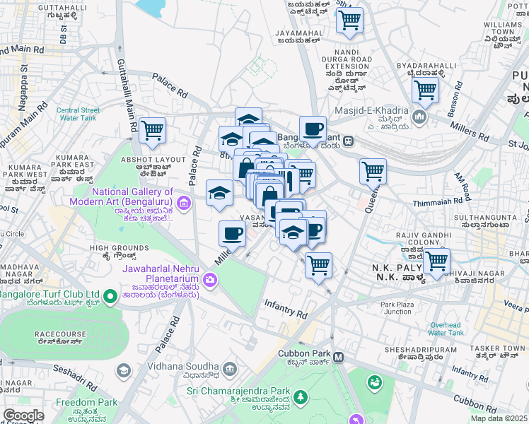map of restaurants, bars, coffee shops, grocery stores, and more near 78 Cunningham Road in Bengaluru