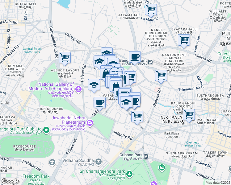 map of restaurants, bars, coffee shops, grocery stores, and more near 78 Cunningham Road in Bengaluru