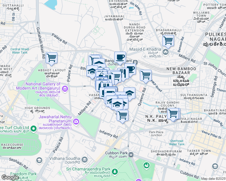 map of restaurants, bars, coffee shops, grocery stores, and more near Cunningham Crescent Road in Bengaluru