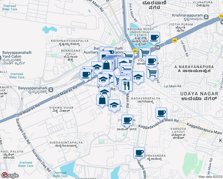 map of restaurants, bars, coffee shops, grocery stores, and more near Varthur Road in Bengaluru