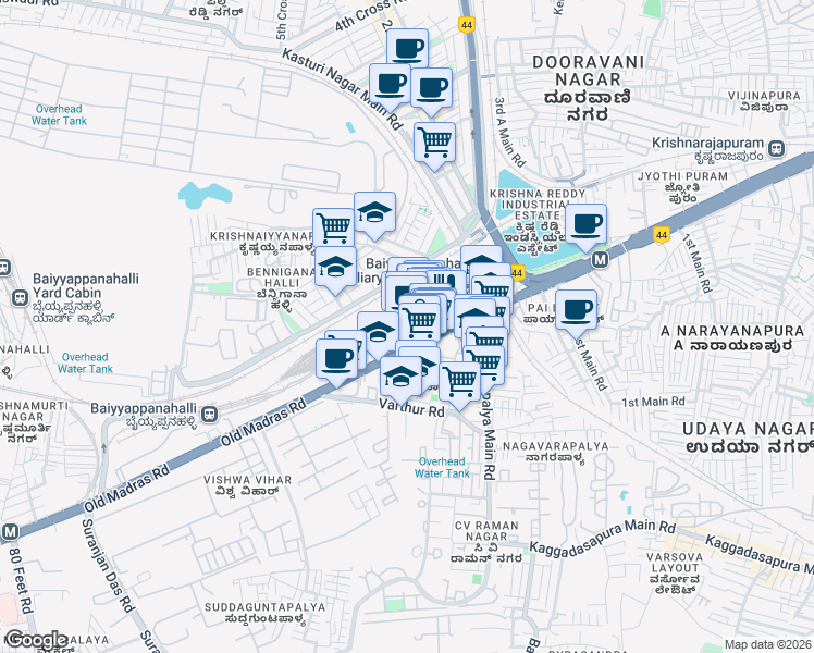 map of restaurants, bars, coffee shops, grocery stores, and more near 3 Old Madras Road in Bengaluru