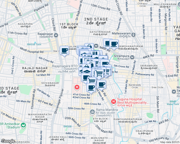 map of restaurants, bars, coffee shops, grocery stores, and more near Doctor Rajkumar Road in Bengaluru