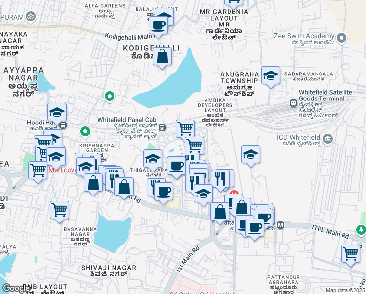 map of restaurants, bars, coffee shops, grocery stores, and more near 16 Whitefield Main Road in Bengaluru
