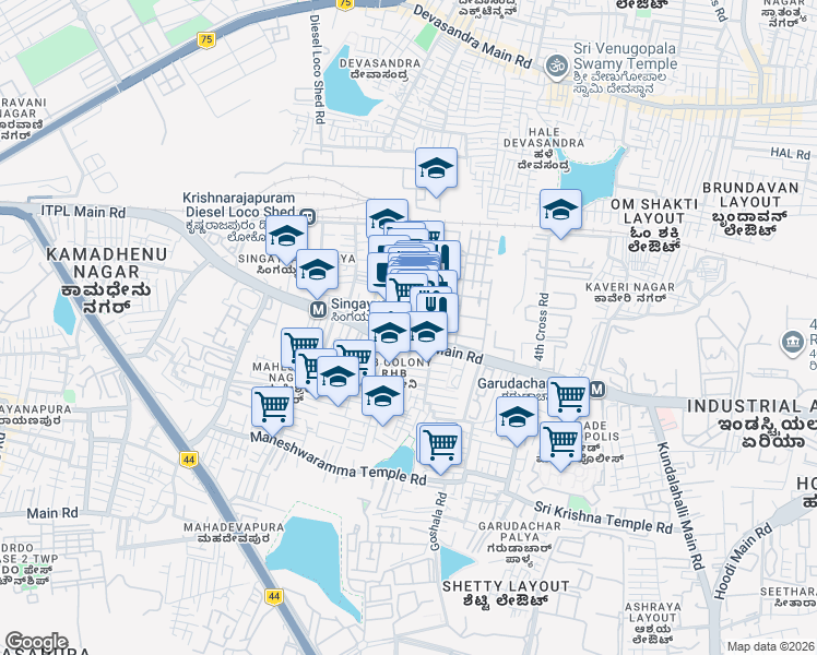 map of restaurants, bars, coffee shops, grocery stores, and more near Whitefield Road in Bengaluru
